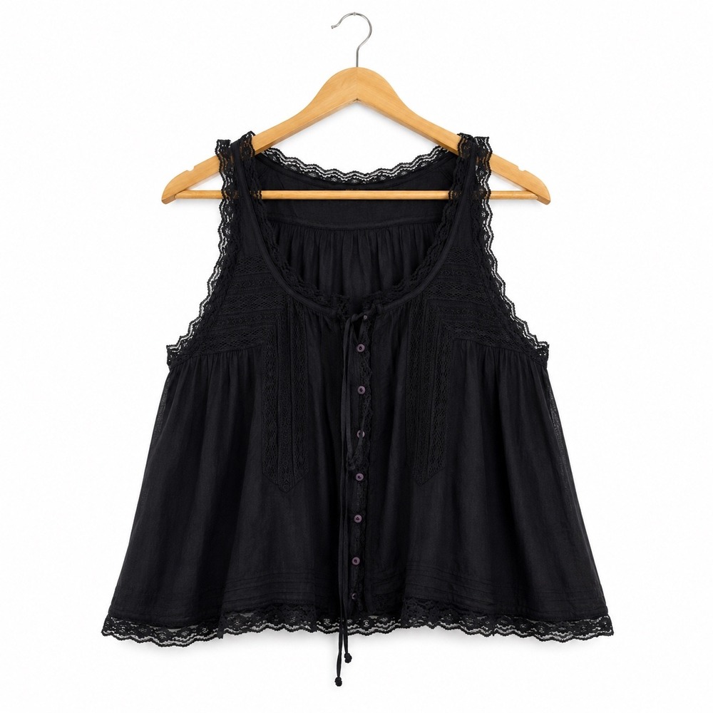 Free People Black Lace Trim Cotton Gauze Sleeveless Button Front Boho Top Size M